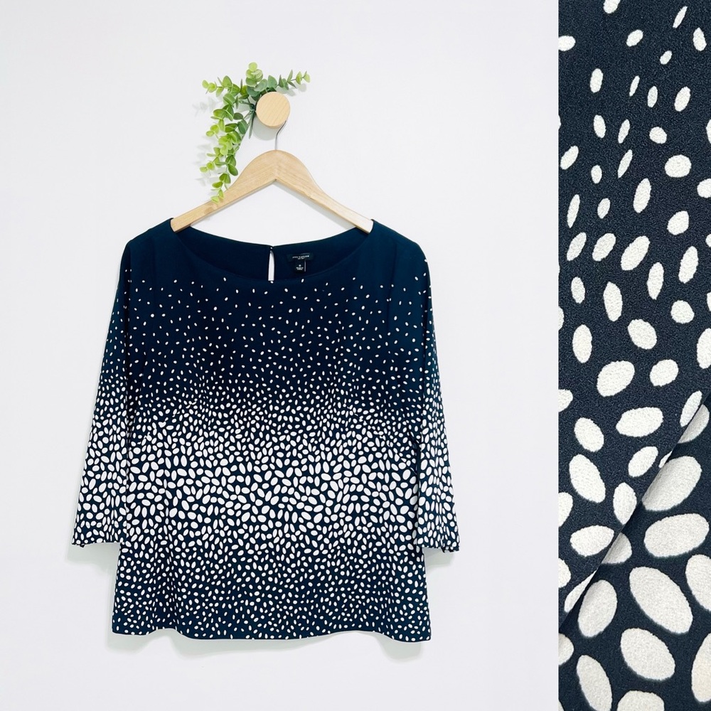 Ann Taylor Navy White Dots Boat Neck Classy Office Stretch Blouse
